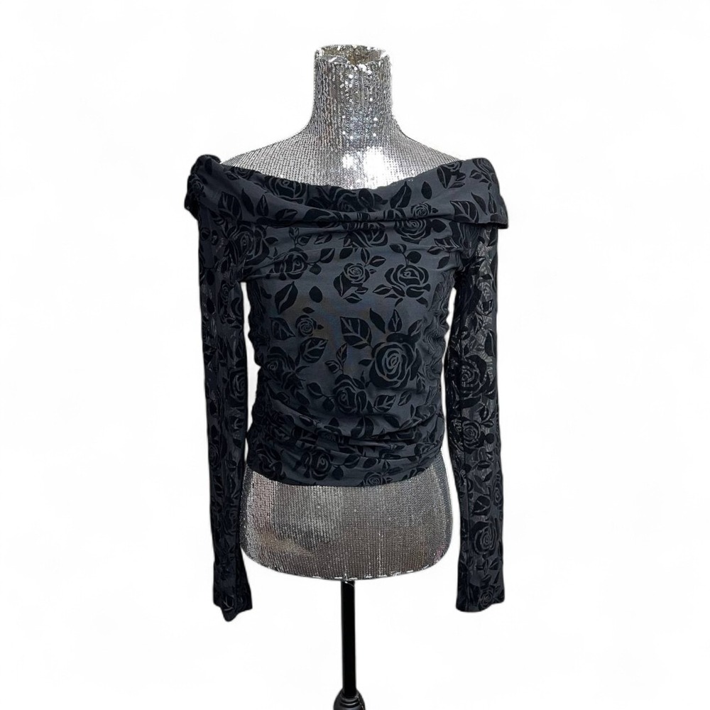 Y2K Goth Black Burnout Velvet Mesh Off Shoulder‎ Rose Long Sleeve Top Large Vamp
